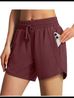 Women's Maroon Athletic Shorts with Drawstring and Side Pockets